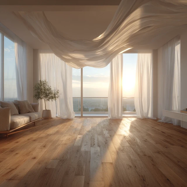 Modern Living Room with Sunset View and Curtains