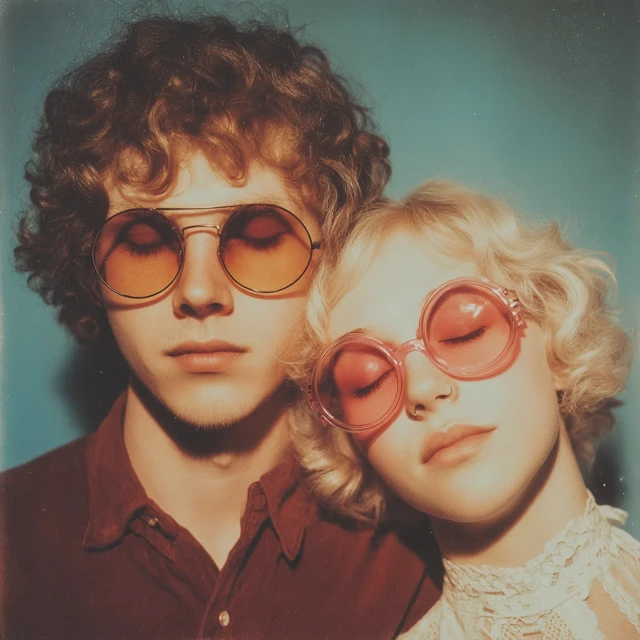 70s Retro Couple Photo: Sunglasses, Curls, and Style