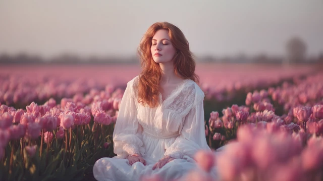 Woman in Tulip Field European Spring Beauty