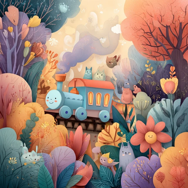 Cute Cartoon Train in Whimsical Forest Illustration