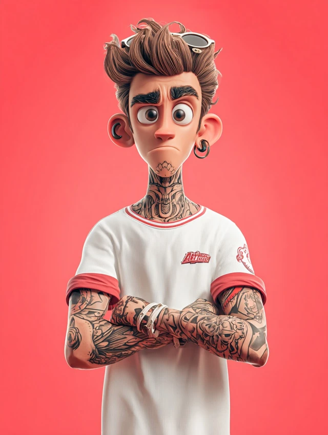 Cartoon Boy with Tattoos White TShirt 3D Render