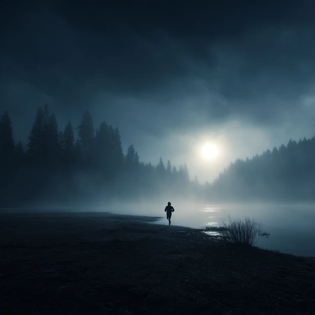 Horror Scene Silhouette Running from Foggy Lake