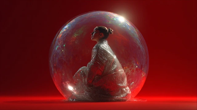 Woman Inside a Bubble Red Background Commercial