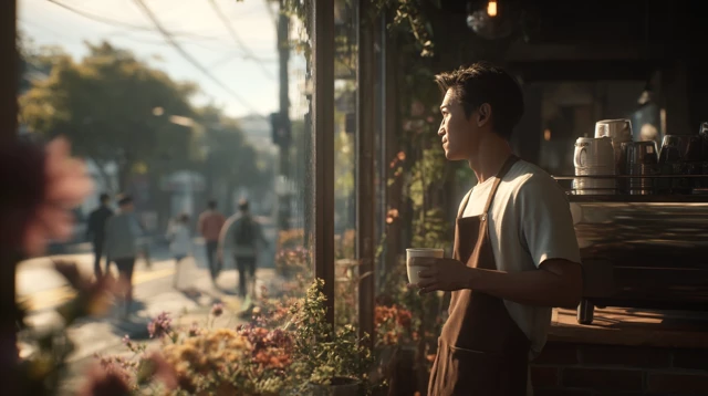 Cafe Scene Asian Barista with Calm Morning
