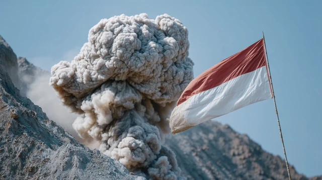 Surreal Volcanic Scene Flag in the Wind