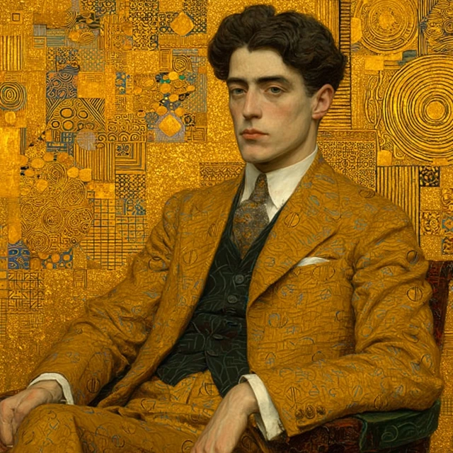 Handsome Man Portrait in Oil Painting Gold Background