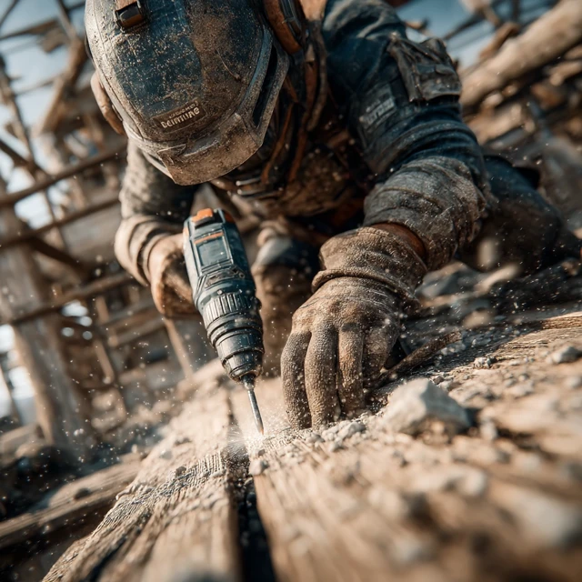 Construction Worker Drilling Wood 4K Photorealism