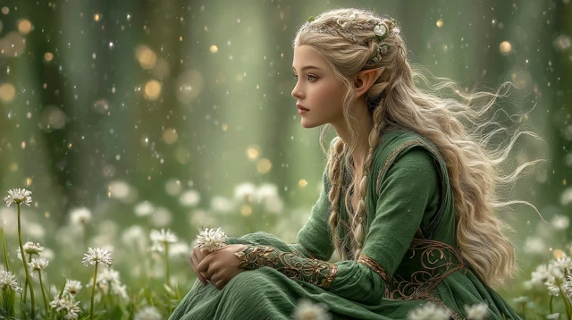 Elven Woman in Green Dress Fantasy Forest Scene