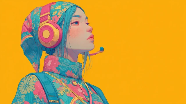 Cute Woman with Headset Tropical Colors Art