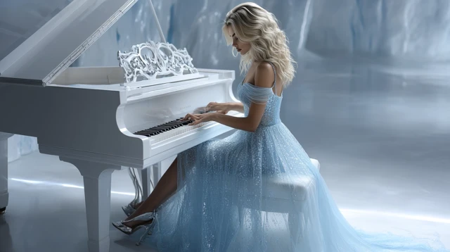 Woman Plays Piano in Ice Palace Elegant Gown