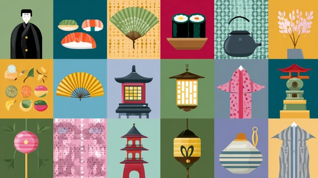 Japanese Culture Icons Sushi Lantern Fan Kimono Vector Art