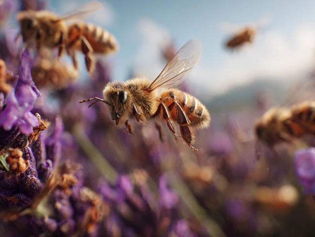 Honeybees Flying Over Lavender Field Close Up