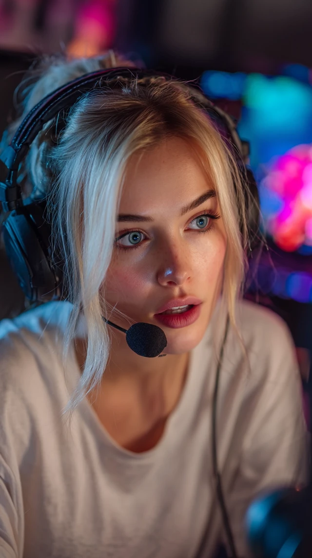 Blonde Female Streamer in Gaming Room