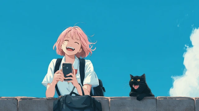 Anime Girl Cat Smartphone Summer Sky