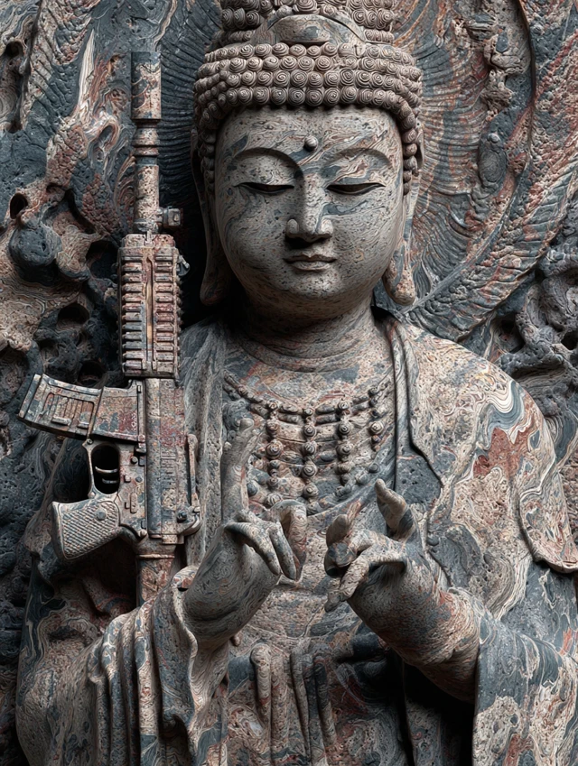 Bodhisattva Buddha Statue with Gun Photo Realistic