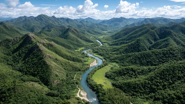 Verdant Mountains and Winding River Landscape