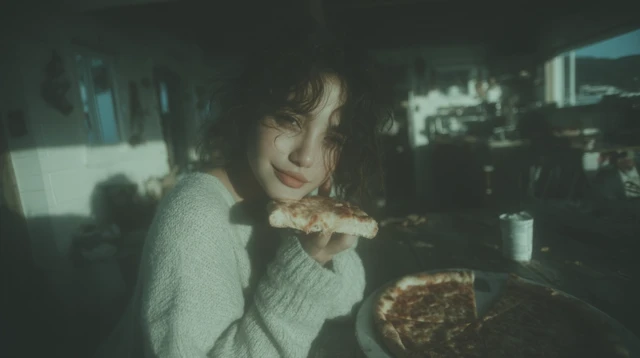 Cozy Pizza Moment Young Woman Smiling