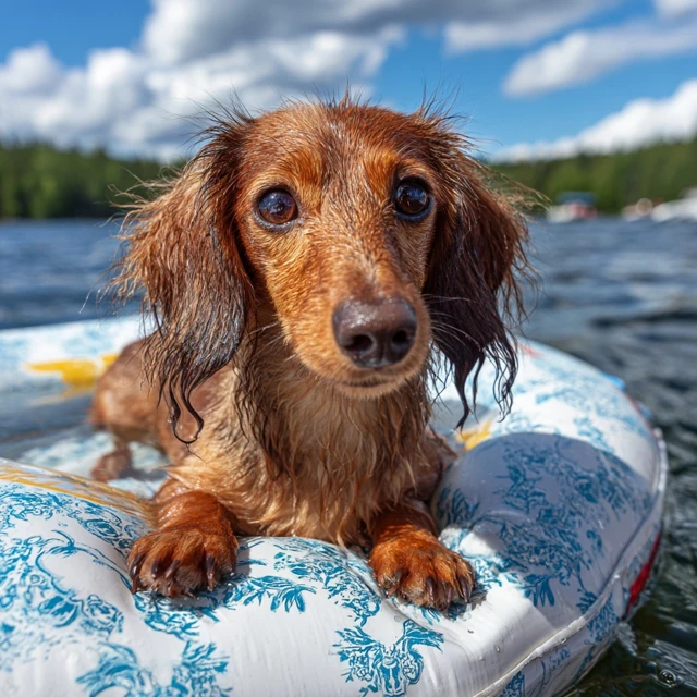 Dachshund on a Float Relaxing in Ontario Lake