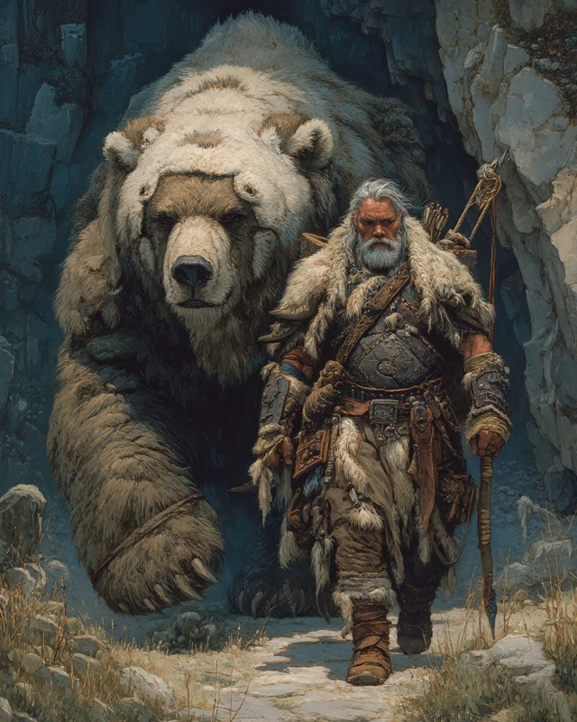 Barbarian and Cave Bear Epic Oil Painting