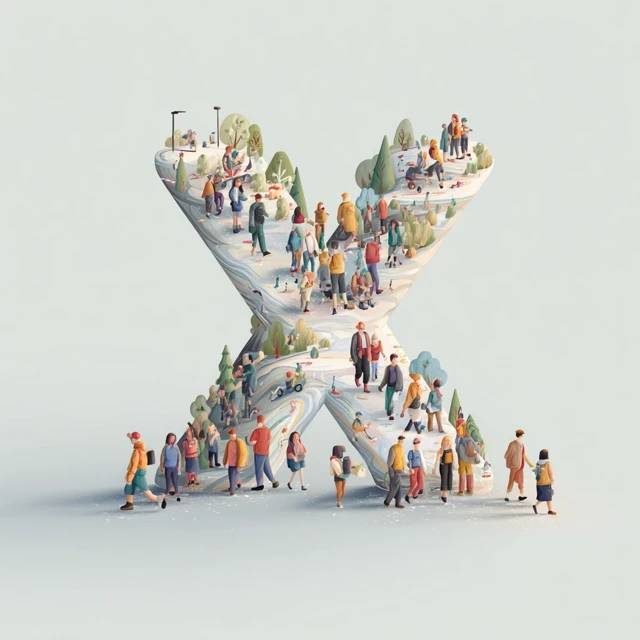 Letter X Illustration with People Walking Art Poster