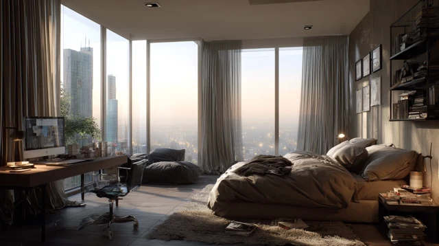 Modern Bedroom with Large Bed and Nature View