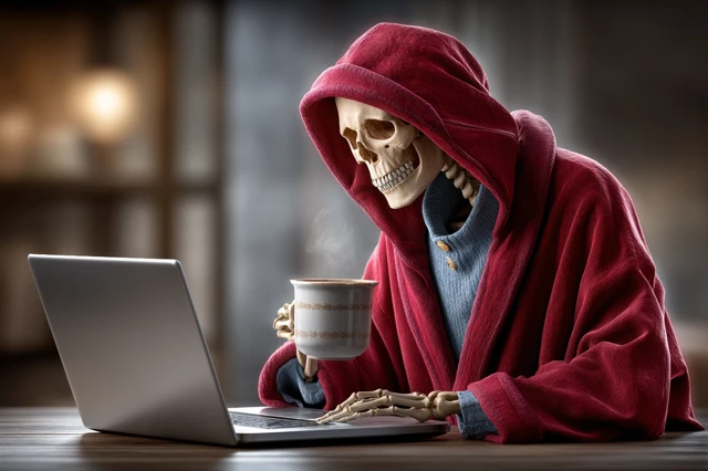 Skeleton in Robe Laptop Burnout 8K Photorealistic