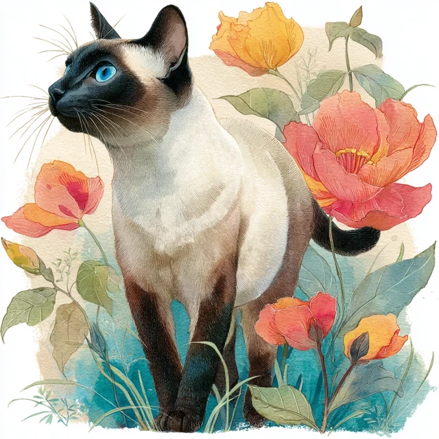 Watercolor Siamese Cat with Flowers Illustration