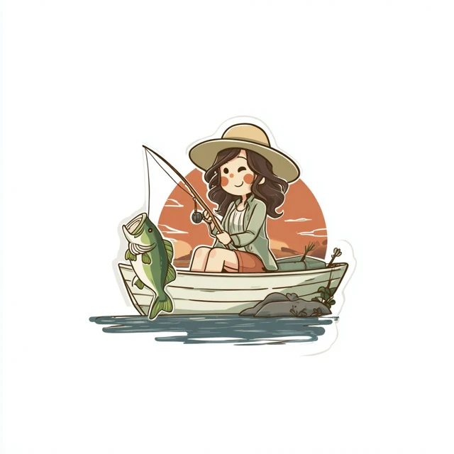 Woman Fishing on Boat Kawaii Illustration
