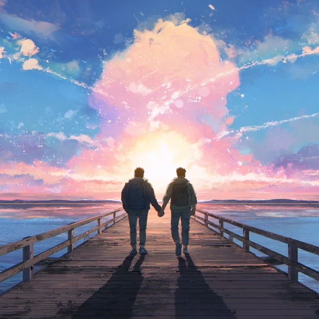 Indie Videogame Art Boys on Pier Horizon