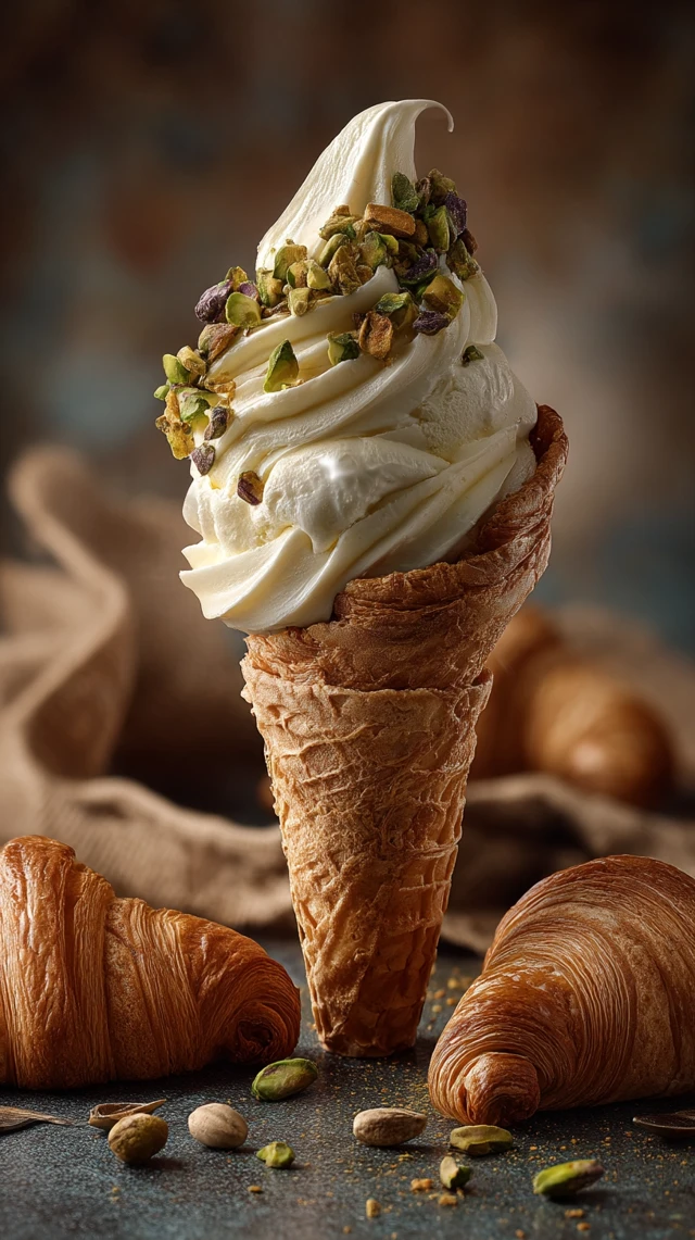 Vanilla Ice Cream Cone with Croissant and Pistachios