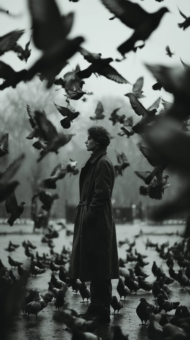 Man and Birds in Park Black and White Nostalgic Photo