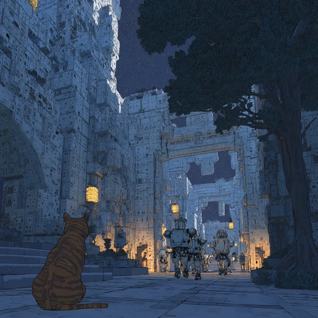 Ancient Temple Robots and Cat Twilight Scene