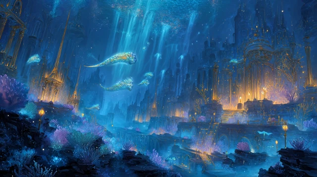 Fantasy Undersea City Glowing Coral Ruins