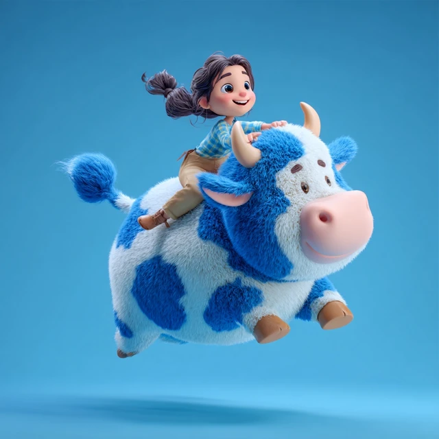 Girl Riding Fluffy Cow 3D Cartoon
