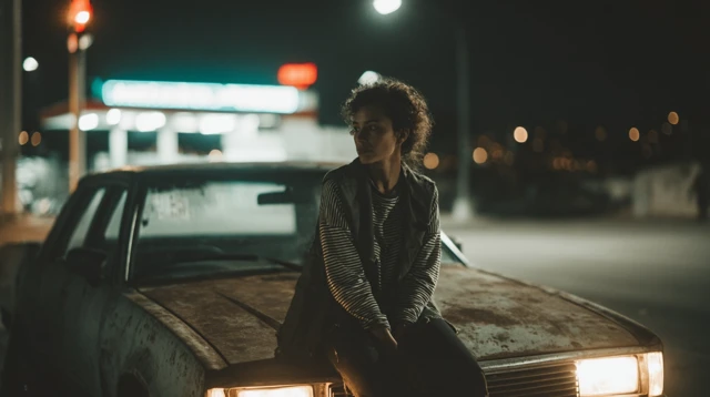 Night Scene Woman on Car Neon Lights