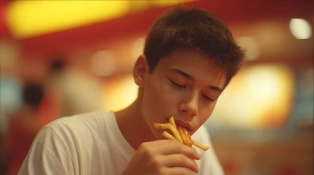 Teenager Enjoying French Fries in a Fast Food Restaurant