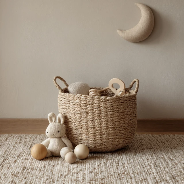 Neutral Baby Room Decor Basket with Toys