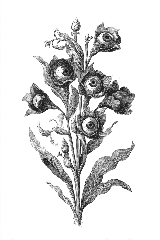 Eyeball Plant Botanical Etching Vintage Surrealism