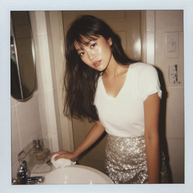 Asian Woman Taking Off Makeup in Tokyo Bathroom