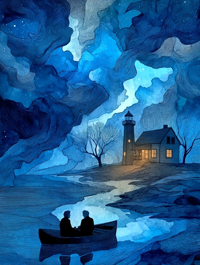 Romantic Couple in Boat by Lighthouse Painting