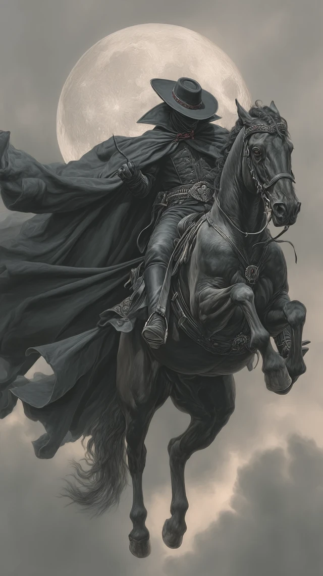 Zorro on Stallion Under Full Moon Illustration