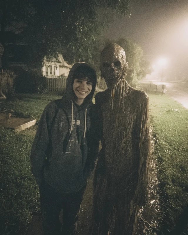 Scary Creature and Human Posing Photo