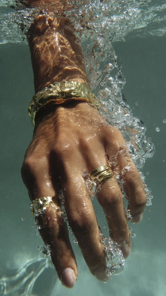 Luxury Hand Under Water Gold Rings Editorial Style