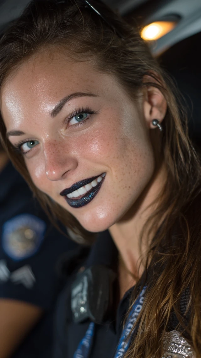Brunette Police Officer with Black Lipstick