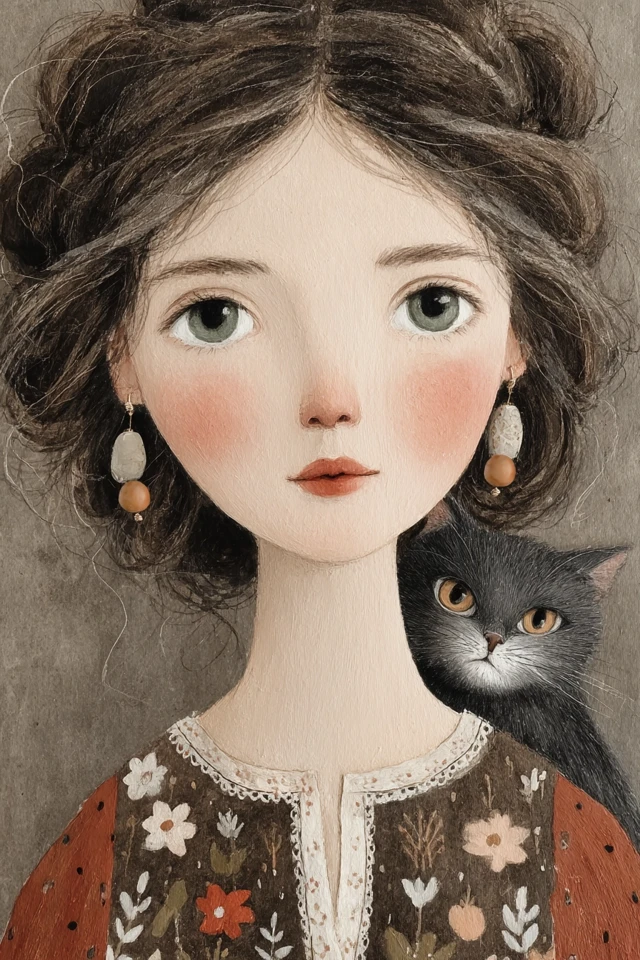 Child with Cat Face: Earthy Tones Illustration