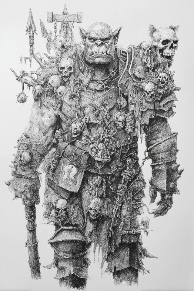 Ogre Battle Warhammer Style Pencil Pen Drawing
