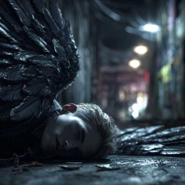 Fallen Angel in City Alley at Night