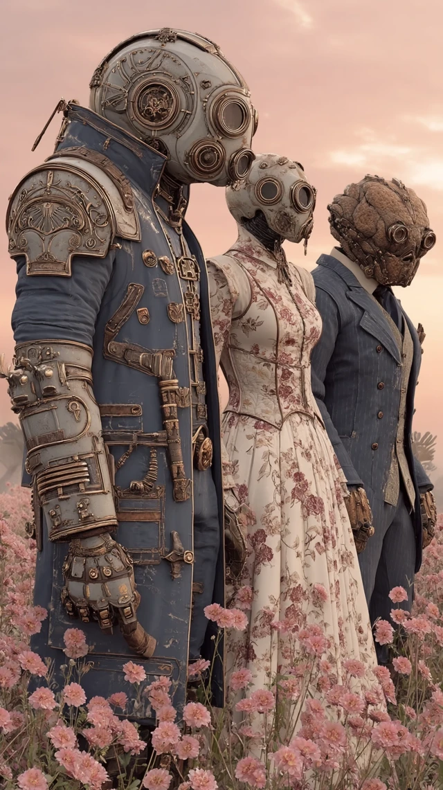 Steampunk Rococo Aristocrats in Field of Flowers
