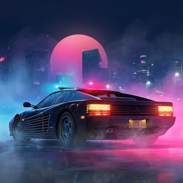 80s Synthwave Police Car in a Neon City