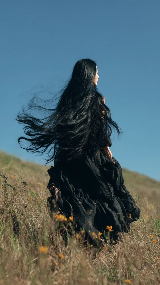 Woman with Flowing Black Hair on a Grassland